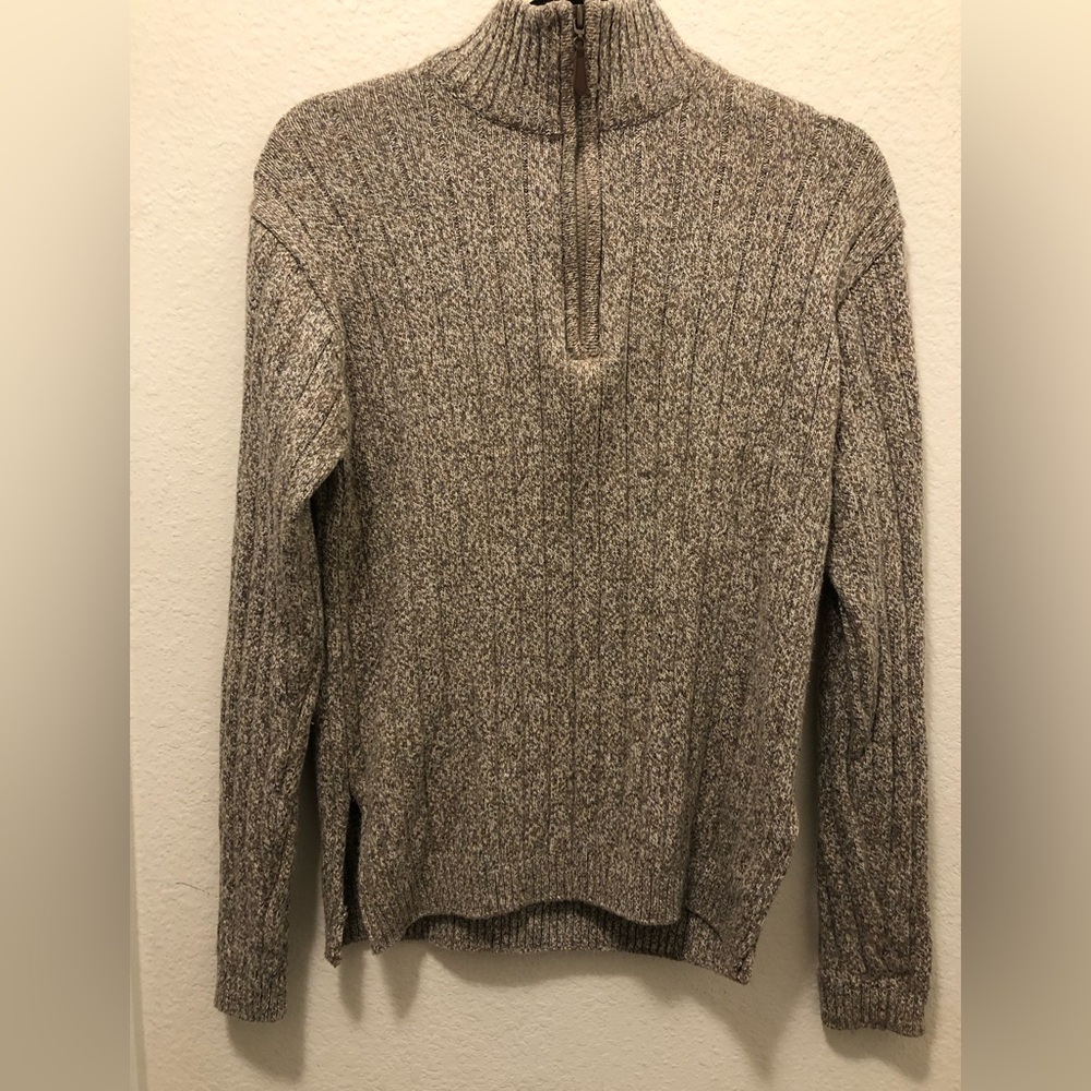 Oscar De La Renta Women's Large Rib Knit Sweater 1/4 Zip Long Sleeve Grey/Brown